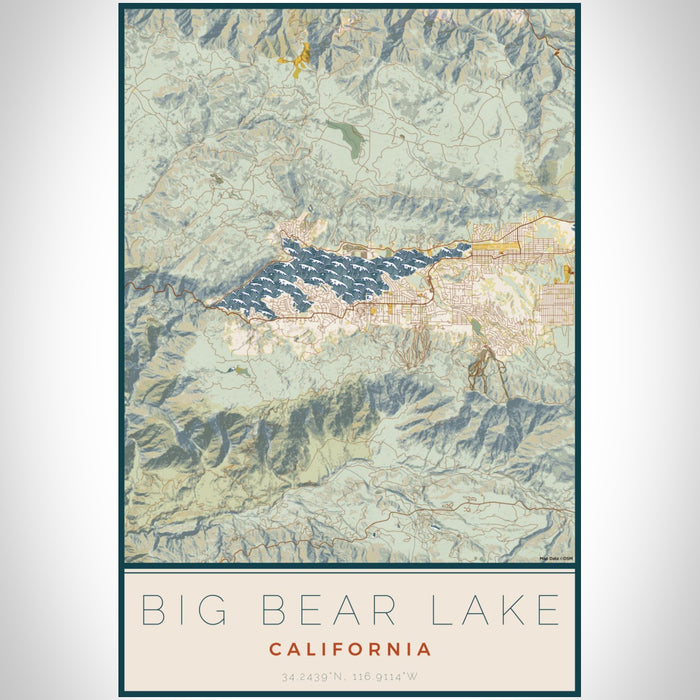 Big Bear Lake California Map Print Portrait Orientation in Woodblock Style With Shaded Background