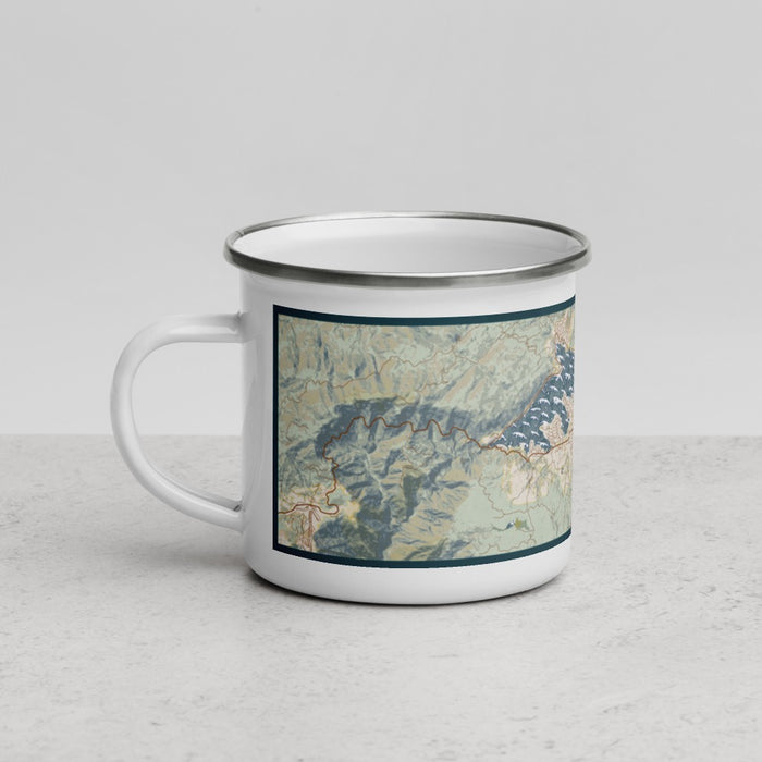 Left View Custom Big Bear Lake California Map Enamel Mug in Woodblock