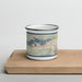 Front View Custom Big Bear Lake California Map Enamel Mug in Woodblock on Cutting Board