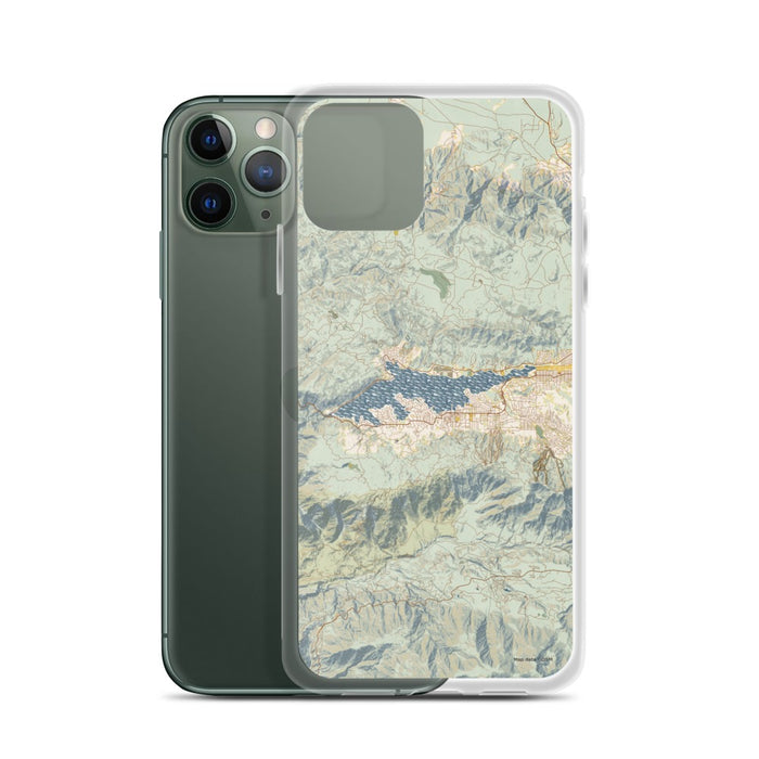 Custom Big Bear Lake California Map Phone Case in Woodblock on Table with Laptop and Plant