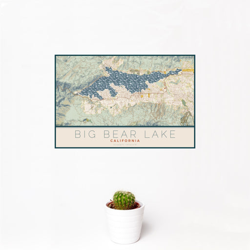 12x18 Big Bear Lake California Map Print Landscape Orientation in Woodblock Style With Small Cactus Plant in White Planter