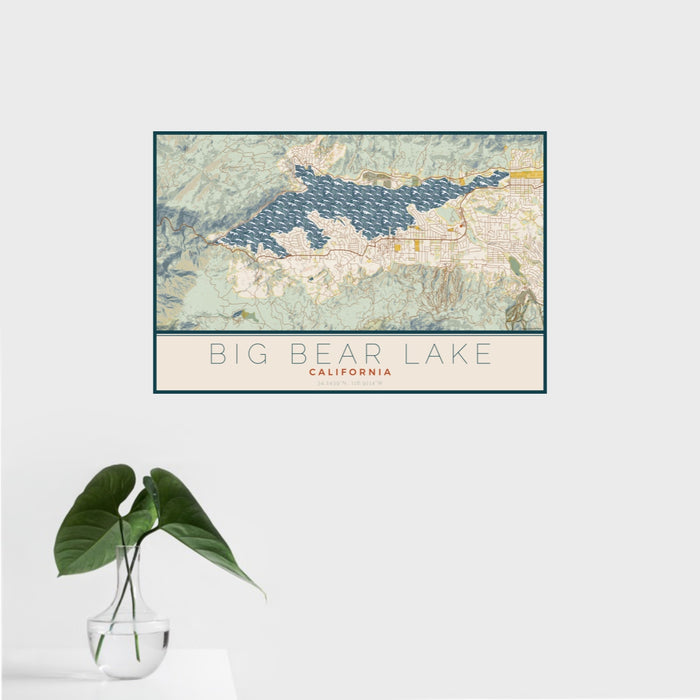 16x24 Big Bear Lake California Map Print Landscape Orientation in Woodblock Style With Tropical Plant Leaves in Water