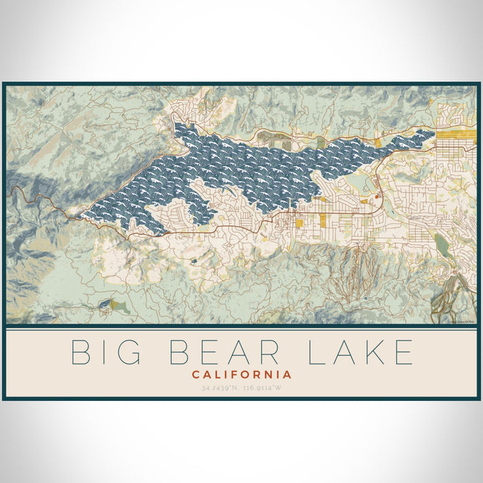 Big Bear Lake California Map Print Landscape Orientation in Woodblock Style With Shaded Background