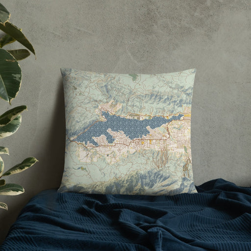 Custom Big Bear Lake California Map Throw Pillow in Woodblock on Bedding Against Wall