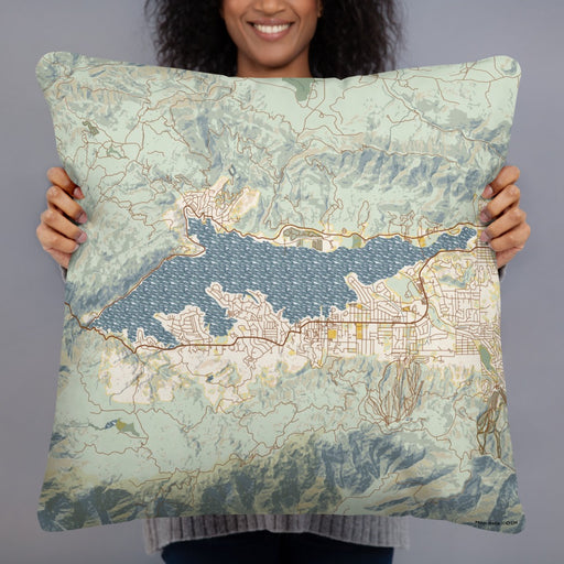 Person holding 22x22 Custom Big Bear Lake California Map Throw Pillow in Woodblock