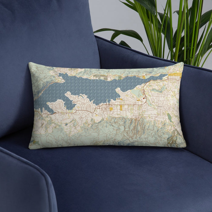 Custom Big Bear Lake California Map Throw Pillow in Woodblock on Blue Colored Chair