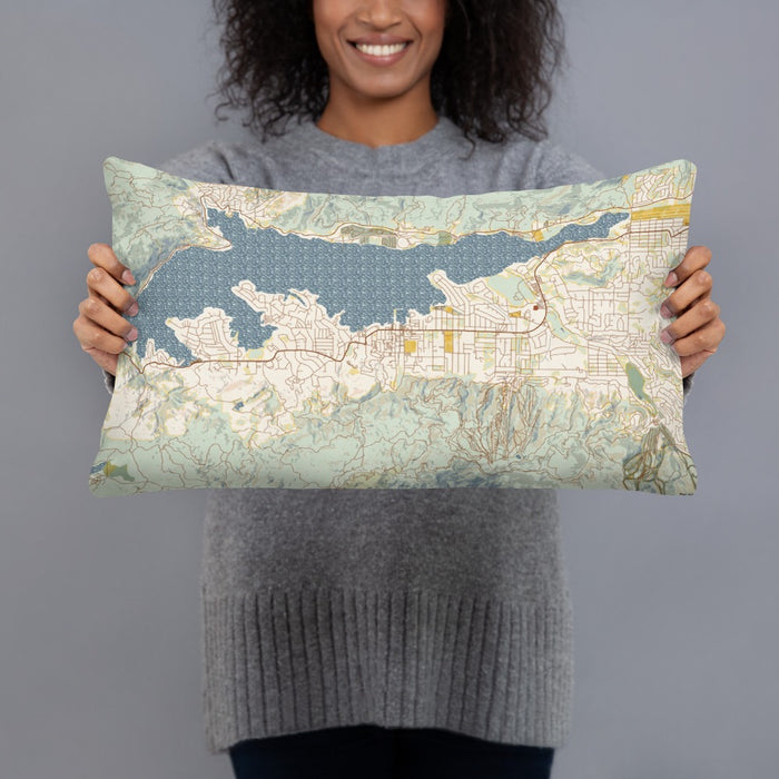 Person holding 20x12 Custom Big Bear Lake California Map Throw Pillow in Woodblock