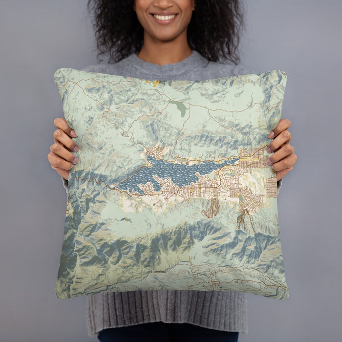 Person holding 18x18 Custom Big Bear Lake California Map Throw Pillow in Woodblock
