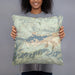 Person holding 18x18 Custom Big Bear Lake California Map Throw Pillow in Woodblock