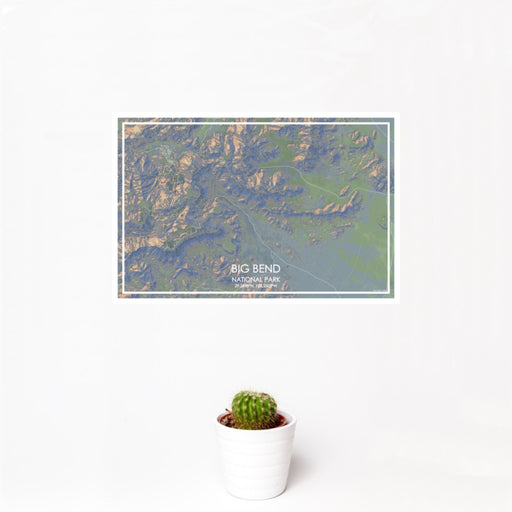 12x18 Big Bend National Park Map Print Landscape Orientation in Afternoon Style With Small Cactus Plant in White Planter