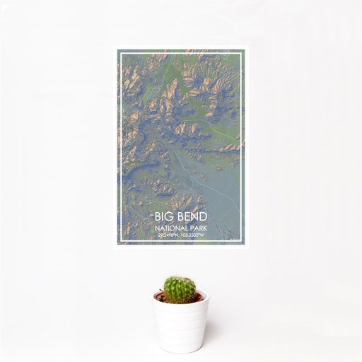 12x18 Big Bend National Park Map Print Portrait Orientation in Afternoon Style With Small Cactus Plant in White Planter