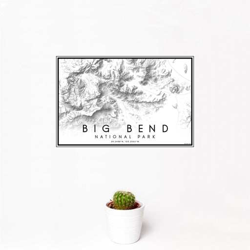 12x18 Big Bend National Park Map Print Landscape Orientation in Classic Style With Small Cactus Plant in White Planter