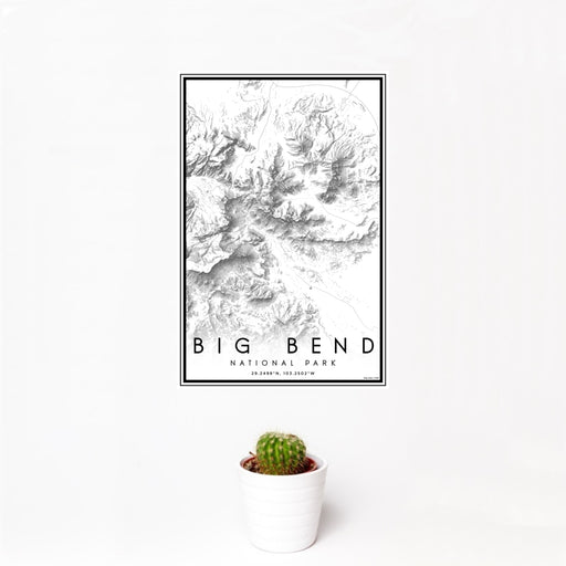 12x18 Big Bend National Park Map Print Portrait Orientation in Classic Style With Small Cactus Plant in White Planter