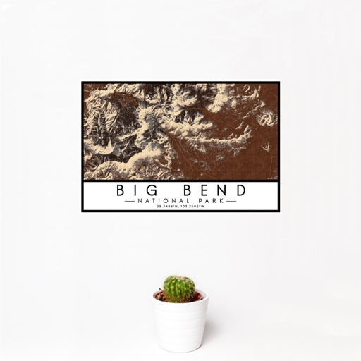 12x18 Big Bend National Park Map Print Landscape Orientation in Ember Style With Small Cactus Plant in White Planter