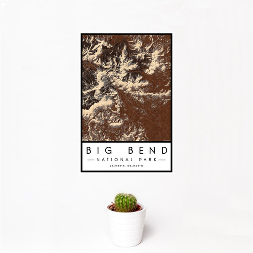 12x18 Big Bend National Park Map Print Portrait Orientation in Ember Style With Small Cactus Plant in White Planter