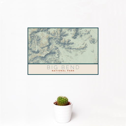 12x18 Big Bend National Park Map Print Landscape Orientation in Woodblock Style With Small Cactus Plant in White Planter