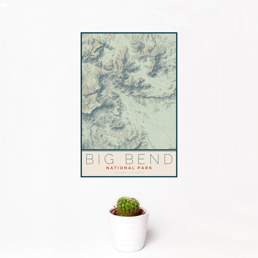 12x18 Big Bend National Park Map Print Portrait Orientation in Woodblock Style With Small Cactus Plant in White Planter