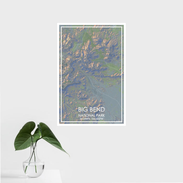 16x24 Big Bend National Park Map Print Portrait Orientation in Afternoon Style With Tropical Plant Leaves in Water