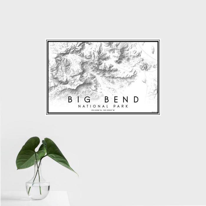 16x24 Big Bend National Park Map Print Landscape Orientation in Classic Style With Tropical Plant Leaves in Water