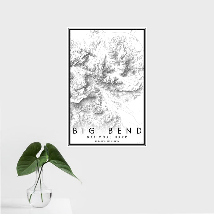 16x24 Big Bend National Park Map Print Portrait Orientation in Classic Style With Tropical Plant Leaves in Water