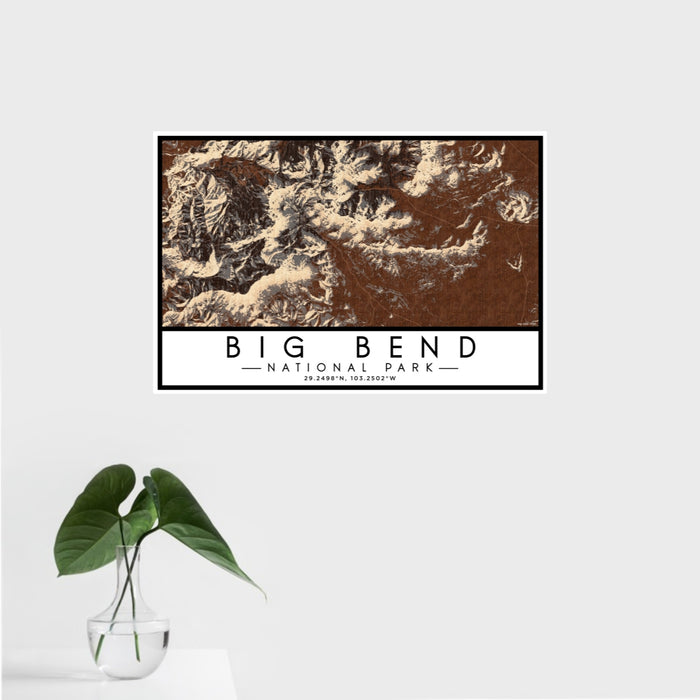 16x24 Big Bend National Park Map Print Landscape Orientation in Ember Style With Tropical Plant Leaves in Water