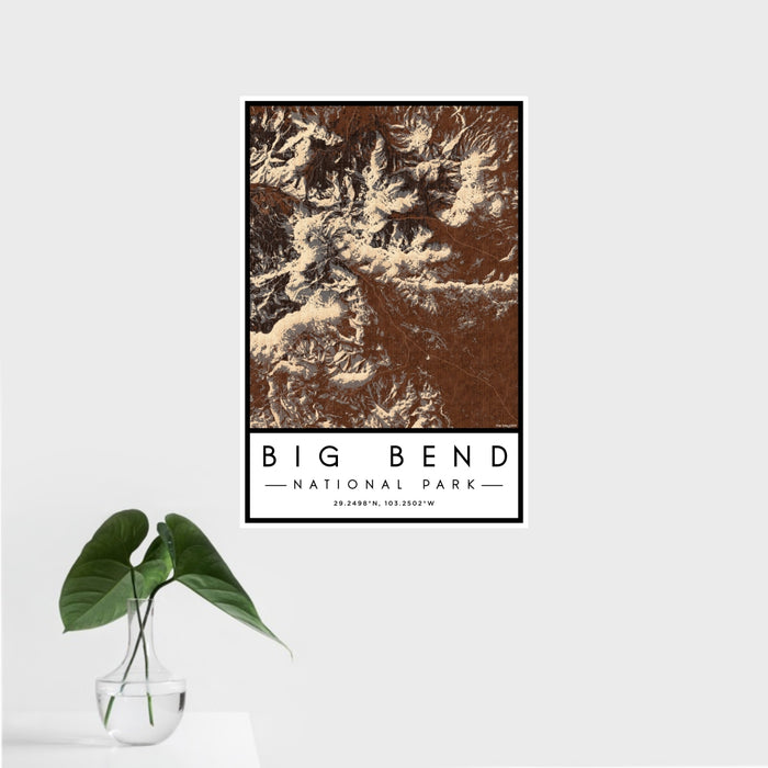 16x24 Big Bend National Park Map Print Portrait Orientation in Ember Style With Tropical Plant Leaves in Water