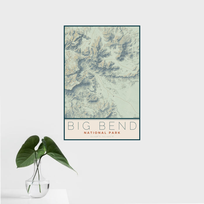 16x24 Big Bend National Park Map Print Portrait Orientation in Woodblock Style With Tropical Plant Leaves in Water