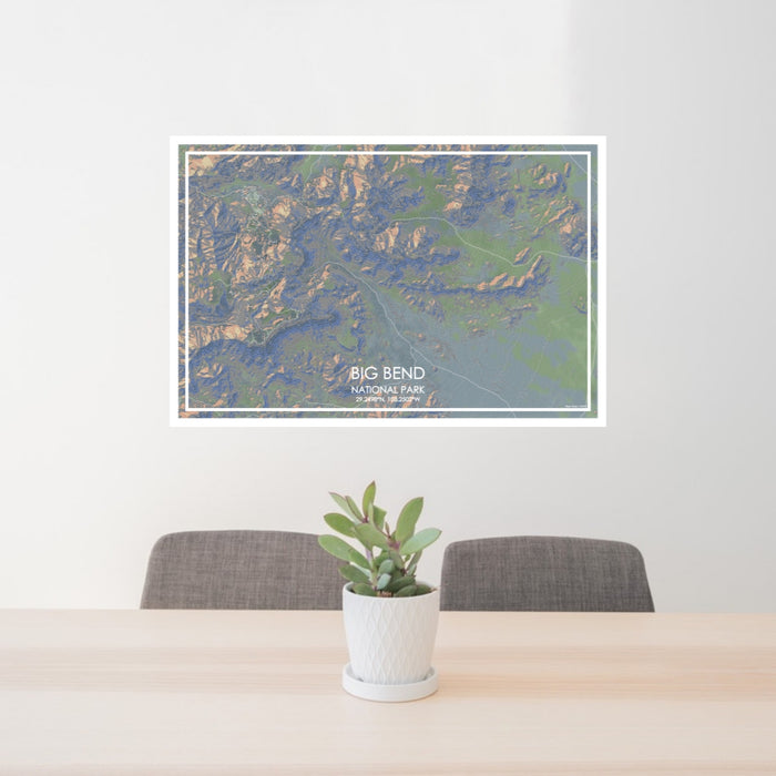 24x36 Big Bend National Park Map Print Lanscape Orientation in Afternoon Style Behind 2 Chairs Table and Potted Plant