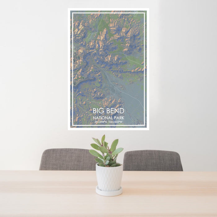 24x36 Big Bend National Park Map Print Portrait Orientation in Afternoon Style Behind 2 Chairs Table and Potted Plant
