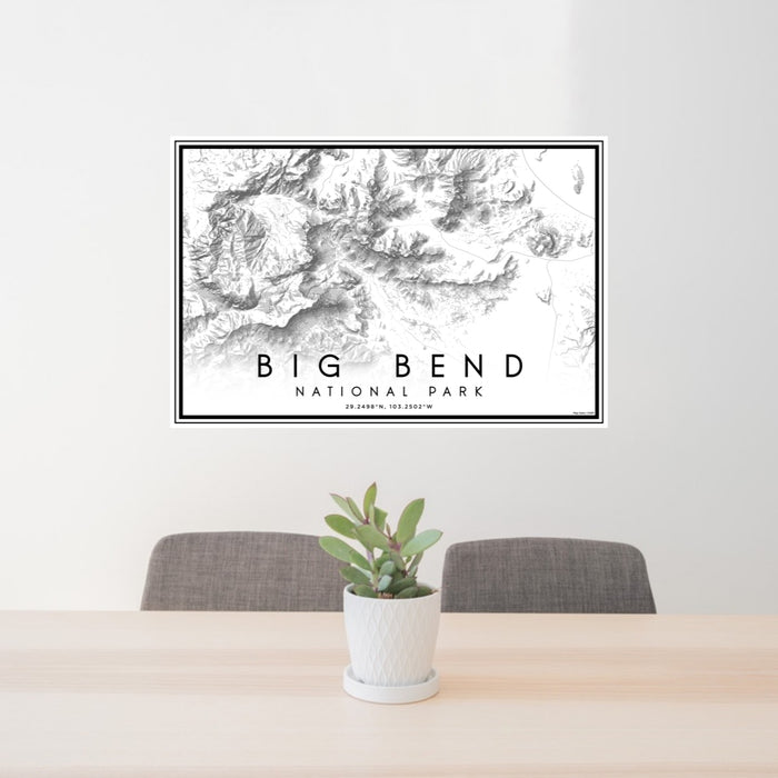 24x36 Big Bend National Park Map Print Lanscape Orientation in Classic Style Behind 2 Chairs Table and Potted Plant