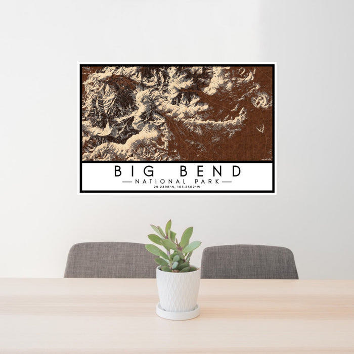 24x36 Big Bend National Park Map Print Lanscape Orientation in Ember Style Behind 2 Chairs Table and Potted Plant