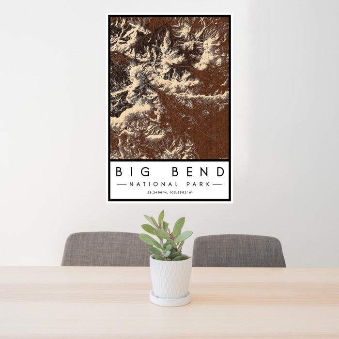 24x36 Big Bend National Park Map Print Portrait Orientation in Ember Style Behind 2 Chairs Table and Potted Plant