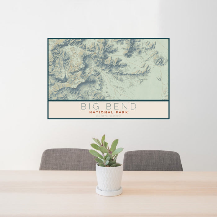 24x36 Big Bend National Park Map Print Lanscape Orientation in Woodblock Style Behind 2 Chairs Table and Potted Plant