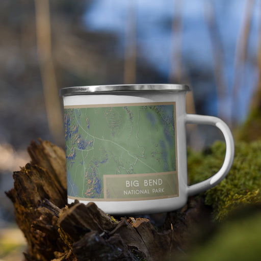 Right View Custom Big Bend National Park Map Enamel Mug in Afternoon on Grass With Trees in Background