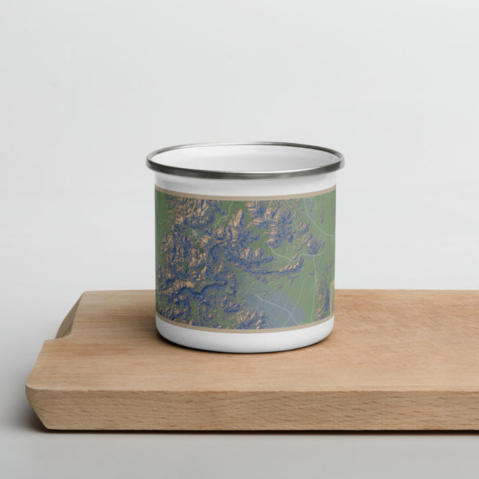 Front View Custom Big Bend National Park Map Enamel Mug in Afternoon on Cutting Board