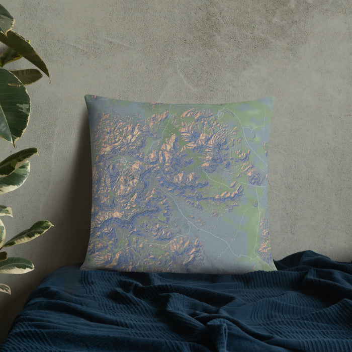 Custom Big Bend National Park Map Throw Pillow in Afternoon on Bedding Against Wall