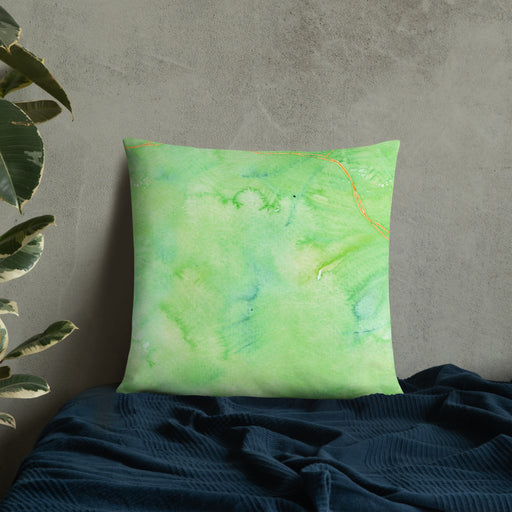 Custom Big Bend National Park Map Throw Pillow in Watercolor on Bedding Against Wall