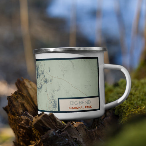 Right View Custom Big Bend National Park Map Enamel Mug in Woodblock on Grass With Trees in Background