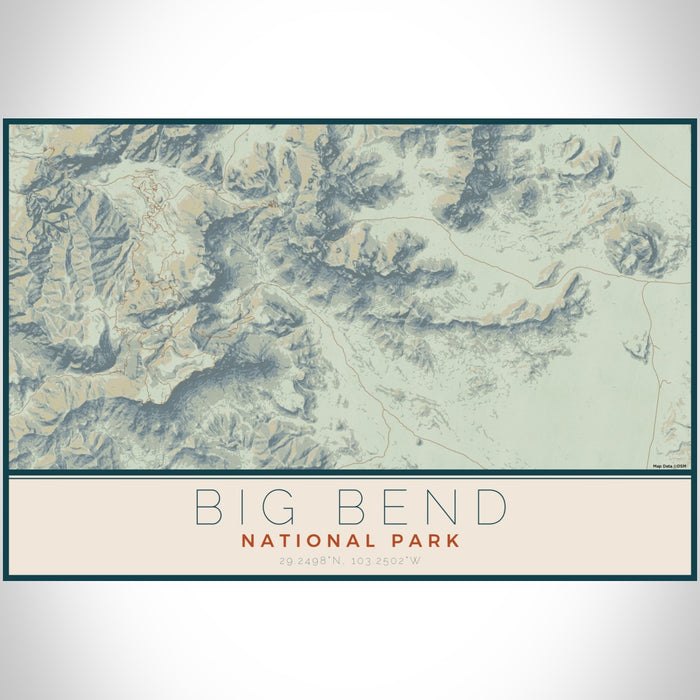 Big Bend National Park Map Print Landscape Orientation in Woodblock Style With Shaded Background