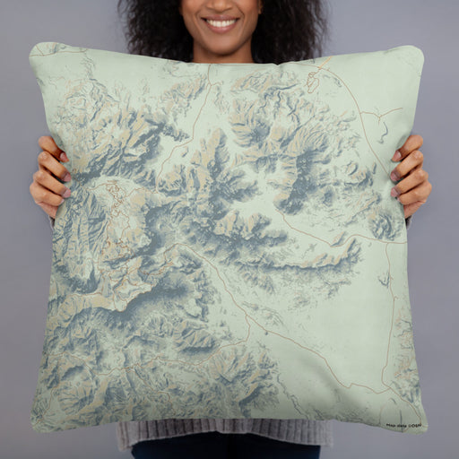 Person holding 22x22 Custom Big Bend National Park Map Throw Pillow in Woodblock