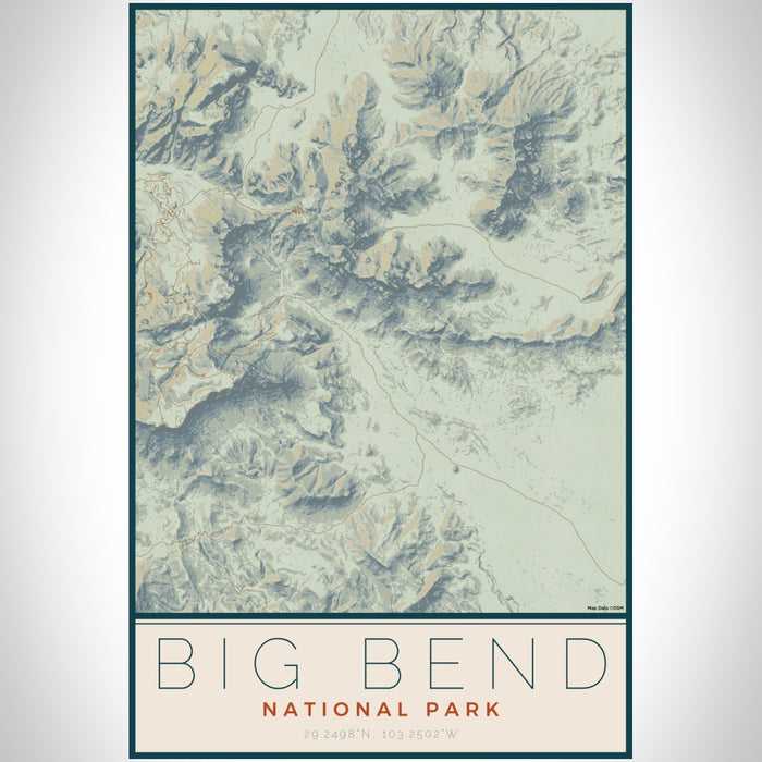 Big Bend National Park Map Print Portrait Orientation in Woodblock Style With Shaded Background