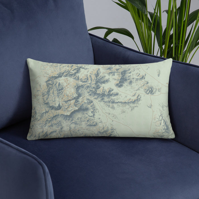 Custom Big Bend National Park Map Throw Pillow in Woodblock on Blue Colored Chair