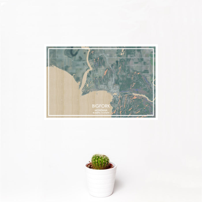 12x18 Bigfork Montana Map Print Landscape Orientation in Afternoon Style With Small Cactus Plant in White Planter
