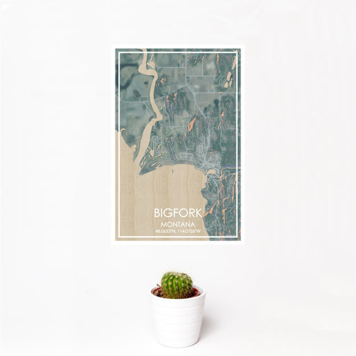 12x18 Bigfork Montana Map Print Portrait Orientation in Afternoon Style With Small Cactus Plant in White Planter