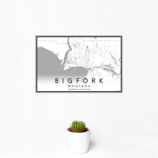 12x18 Bigfork Montana Map Print Landscape Orientation in Classic Style With Small Cactus Plant in White Planter