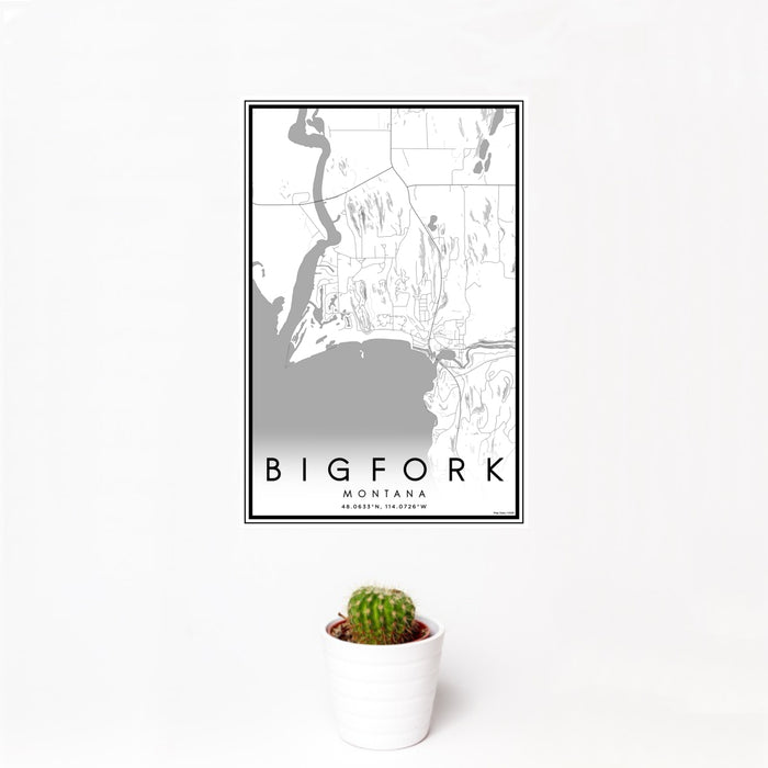 12x18 Bigfork Montana Map Print Portrait Orientation in Classic Style With Small Cactus Plant in White Planter