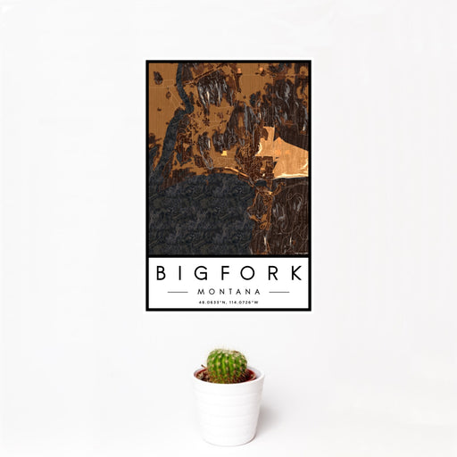 12x18 Bigfork Montana Map Print Portrait Orientation in Ember Style With Small Cactus Plant in White Planter