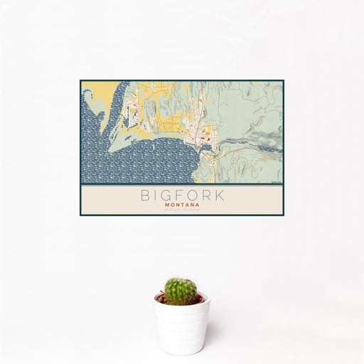 12x18 Bigfork Montana Map Print Landscape Orientation in Woodblock Style With Small Cactus Plant in White Planter