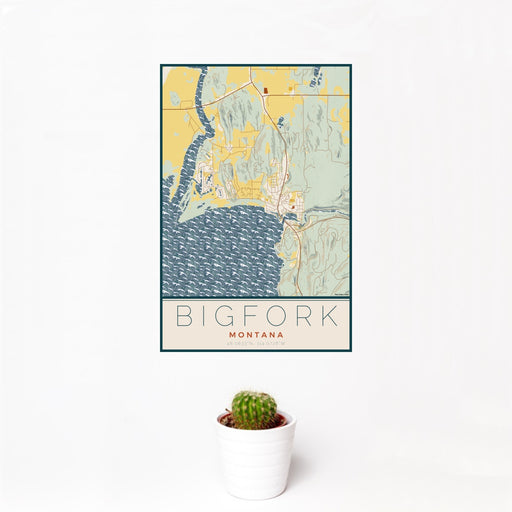 12x18 Bigfork Montana Map Print Portrait Orientation in Woodblock Style With Small Cactus Plant in White Planter