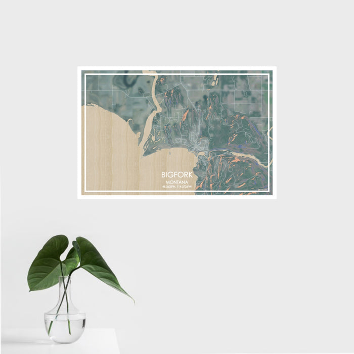 16x24 Bigfork Montana Map Print Landscape Orientation in Afternoon Style With Tropical Plant Leaves in Water